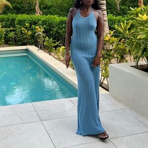 Backless Halter Knit Maxi Dress - Blue